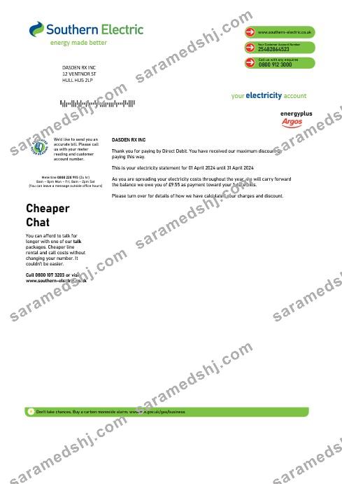 United Kingdom Southern Electric proof of address business utility bill template in Word and PDF formats